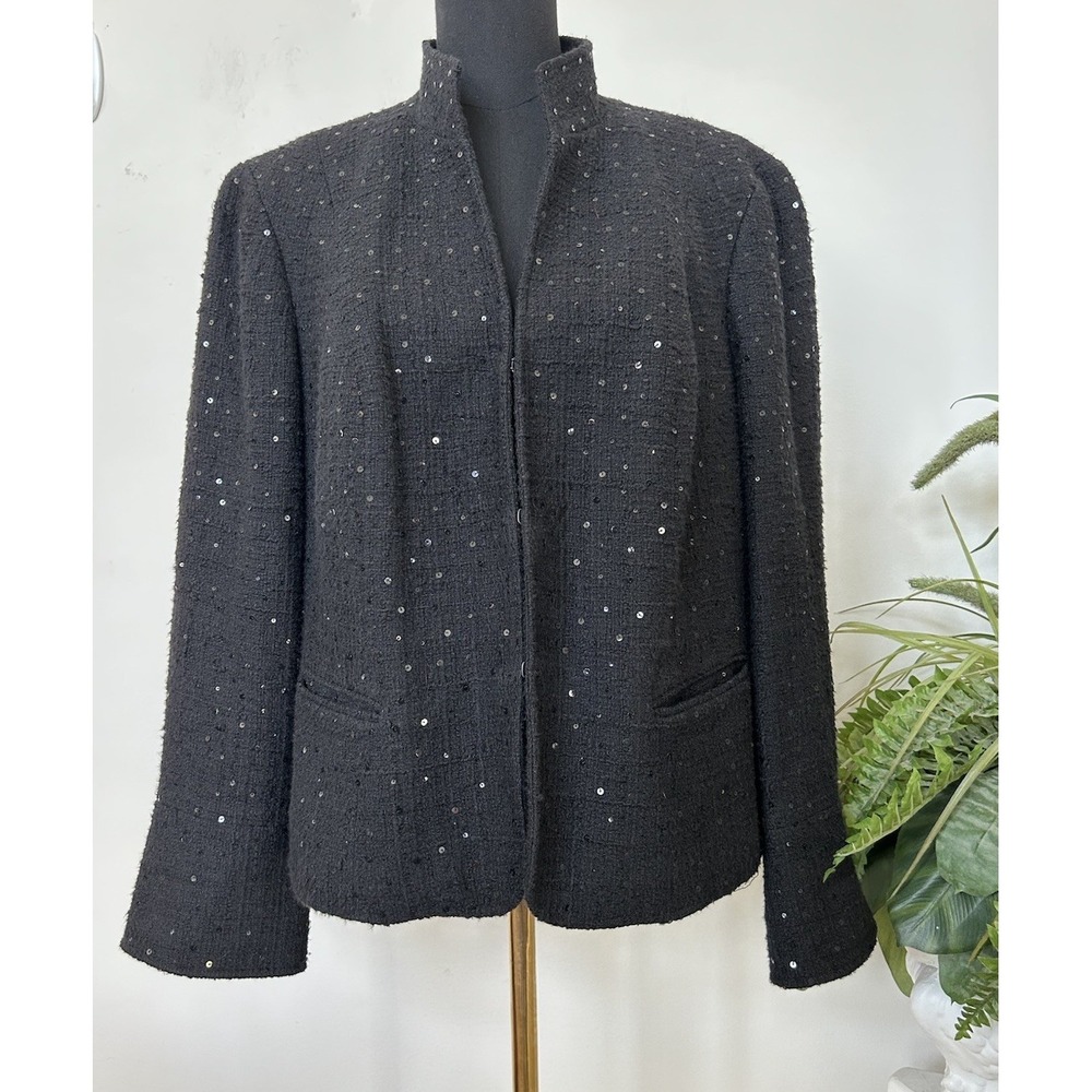 Lafayette 148 NY Black Sequin Tweed Blazer Jacket Luxury Party Career Event 16